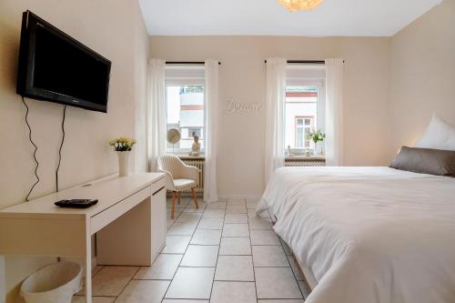 a bedroom with a bed and a desk and a tv at Auszeit am Schloss in Geisenheim