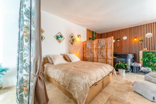 a bedroom with a bed and a fireplace at Une parenthèse en luberon, jacuzzi in Les Taillades