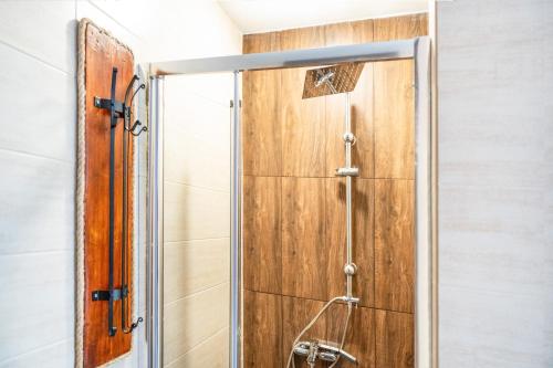 a shower with a wooden door in a bathroom at Mont' Rock villas 1 in Posidhonía