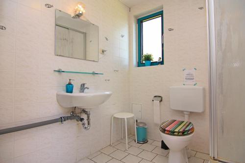 a bathroom with a sink and a toilet and a mirror at Blauer Bungalow am See mit Boot in Klein Labenz