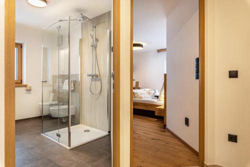 a bathroom with a glass shower with a toilet at Planerhof Apartment Enzian in Funes