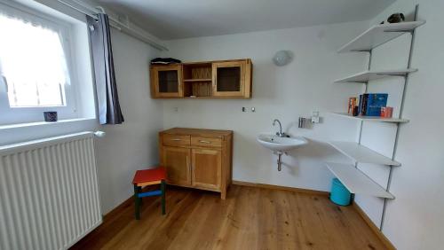 a bathroom with a sink and a wooden floor at Ferienhaus Barbey in St. Blasien