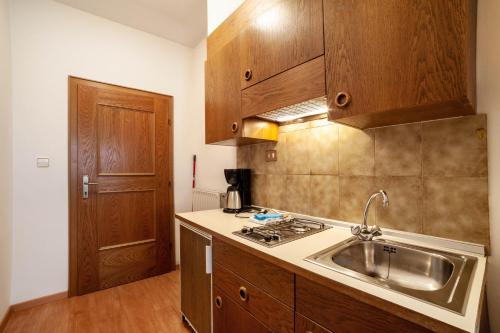 a kitchen with a sink and a counter top at Camping Passeier Arnika in Saltusio