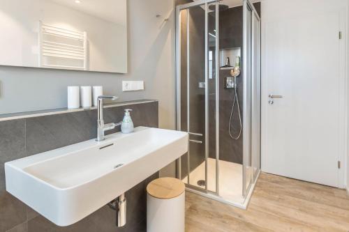 a bathroom with a sink and a shower at Über der alten Gärtnerei in Allensbach