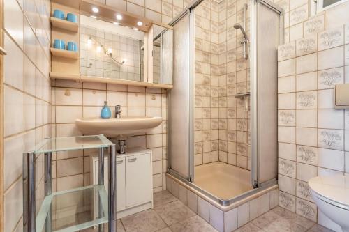 a bathroom with a shower and a sink at Kranichnest in Lüdershagen