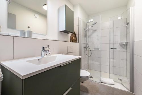 a bathroom with a sink and a shower at Snorrum Wohnung 7 in Husby