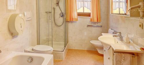 a bathroom with a shower and a toilet and a sink at Alpenhof Lodge Almrose iii in Saltusio