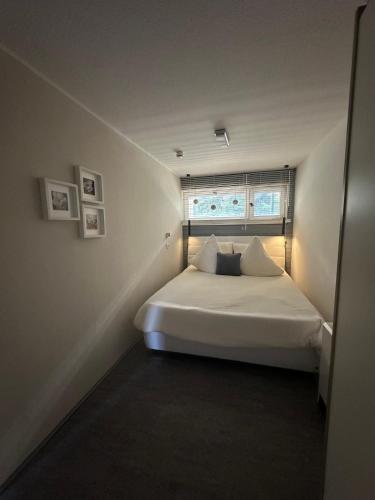 a bedroom with a white bed with a window at Schwarzwaldloge Zeitlos in Sasbachwalden