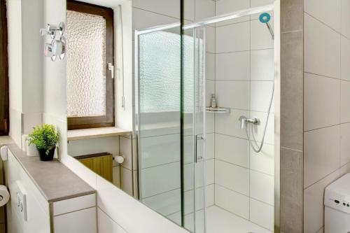 a bathroom with a shower with a glass door at Weinberg in Zeilarn