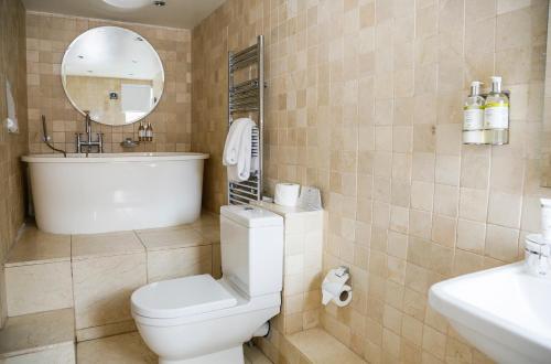 a bathroom with a toilet and a sink and a mirror at The Miller of Mansfield in Goring