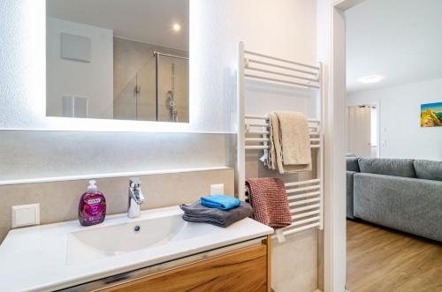 a bathroom with a sink and a couch at Apartment Jegle in Salem