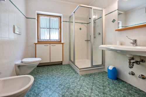 a bathroom with a shower and a toilet and a sink at Lindenhof Apt 9 in Vandoies
