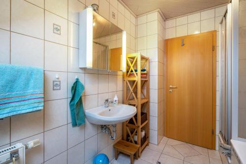 a bathroom with a sink and a mirror at Haus im Grünen in Oederan