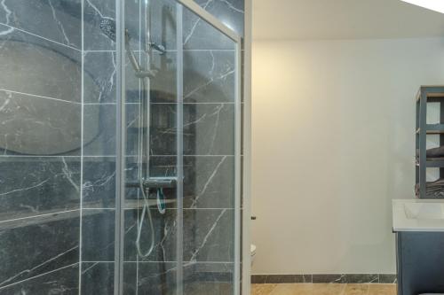 a shower with a glass door in a bathroom at Gite Berclois in Bercloux