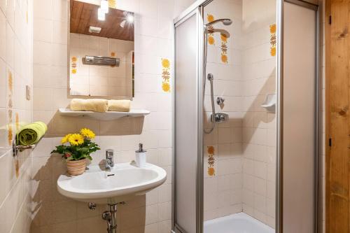 a bathroom with a sink and a shower at Pardellerhof Tschafonblick in Campodazzo
