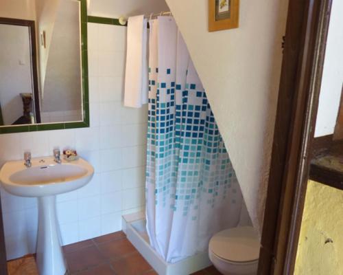 a bathroom with a sink and a shower curtain at Los Cascos in Fuenteheridos