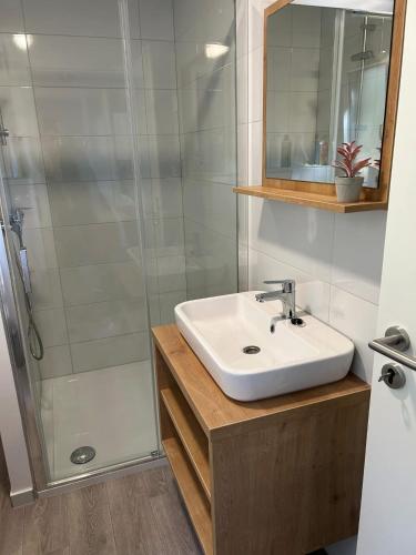 a bathroom with a sink and a shower at Mobile Home Ella in Murter