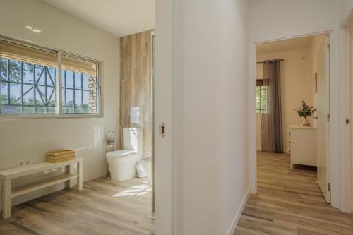 a white bathroom with a toilet and a window at Villa Manolita in Carmona