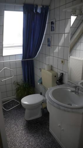 a bathroom with a toilet and a tub and a sink at Fachwerkhaus Korntenne in Eimelrod