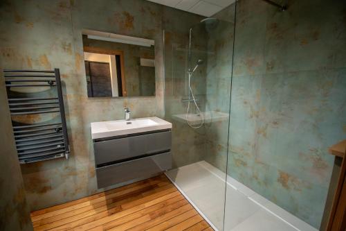 a bathroom with a sink and a glass shower at Lieu-dit Boulage in Marquefave