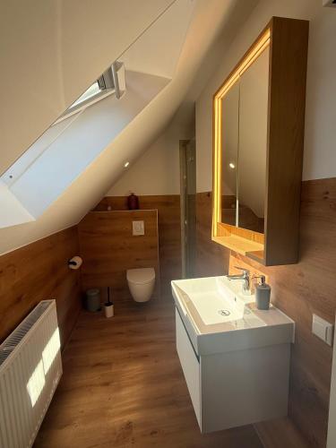 a bathroom with a sink and a mirror at Ferienquartier alte Bäckerei in Feldberg