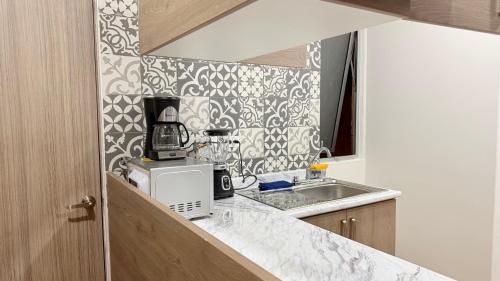 a kitchen with a counter with a microwave and a sink at Casa Sto Domingo terraza PB 3KM del centro in Oaxaca City