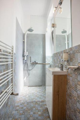 a bathroom with a shower and a sink at Margarethengasse Comfort Rooms Old Town in Sibiu