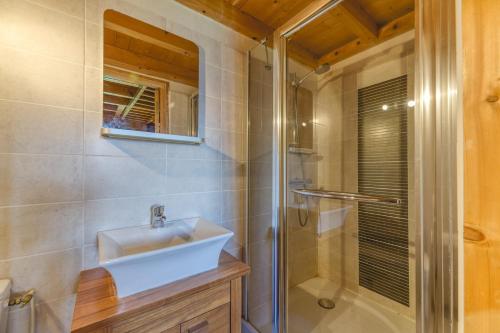 a bathroom with a sink and a shower at Gabbro-Chalet Moderne Tout Confort in Villard-Reculas