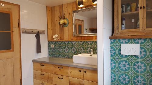 a bathroom with a sink and a mirror at Den Bergen Ganz Nah in Pfronten