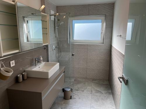 a bathroom with a sink and a shower at Ferienwohnung am Rotmannsweg in Marbach am Neckar