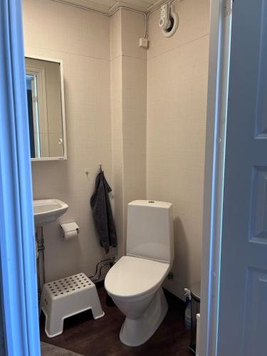 a bathroom with a white toilet and a sink at Enskilda stugan in Kärsta