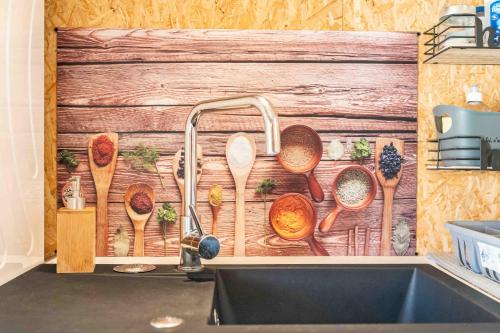 a kitchen sink with a wooden wall with spoons at Maison - Le pic du midi in Roquefeuil