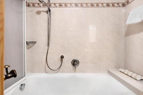 a bathroom with a shower with a tub at Villa Nussbaumer in Siusi