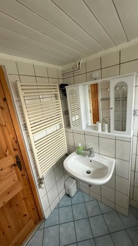 a bathroom with a sink and a mirror at Reetdachtraum in Middelhagen