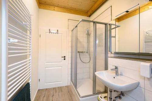 a bathroom with a sink and a shower at Fewo am Flämingrand in Zahna-Elster