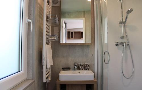 ein Badezimmer mit Waschbecken, Dusche und Spiegel in der Unterkunft Tiny House Lohse in Wemding