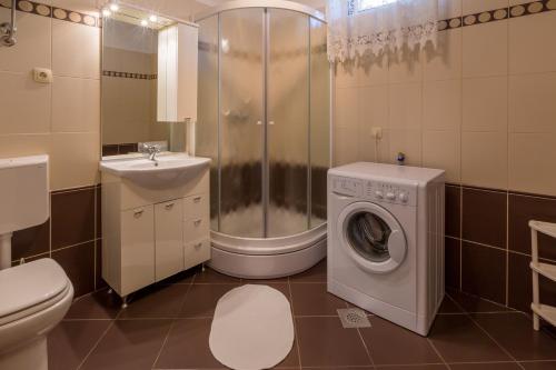 a bathroom with a toilet a sink and a washing machine at Apartments Del Mare in Crikvenica