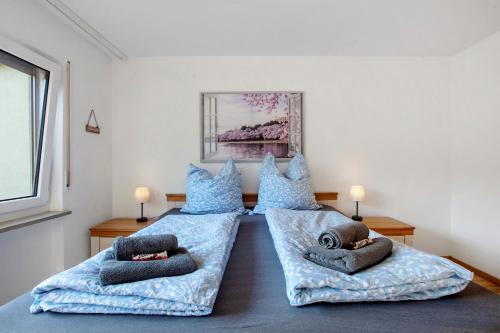 two beds in a room with blue pillows at Lieblingsplatz in Küssaberg
