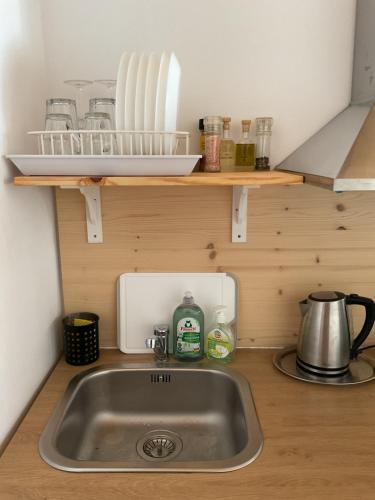 a kitchen counter with a sink in a kitchen at ArtWoodResidence in Ankaran