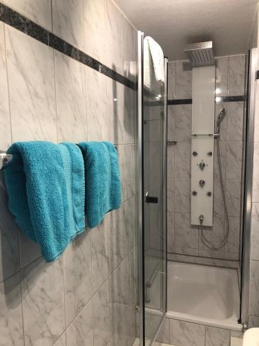 a bathroom with a shower with blue towels at Wellness Penthouse Meerblick in Sierksdorf