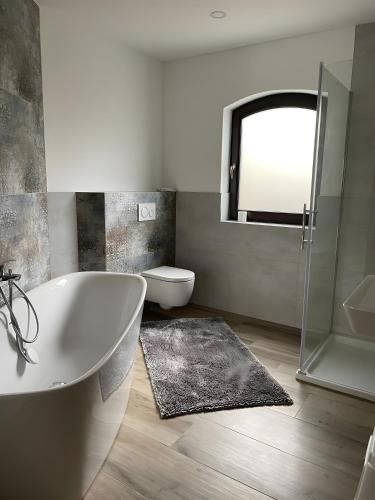 a bathroom with a tub and a toilet and a mirror at Ferien-Schindeldorf in Stromberg
