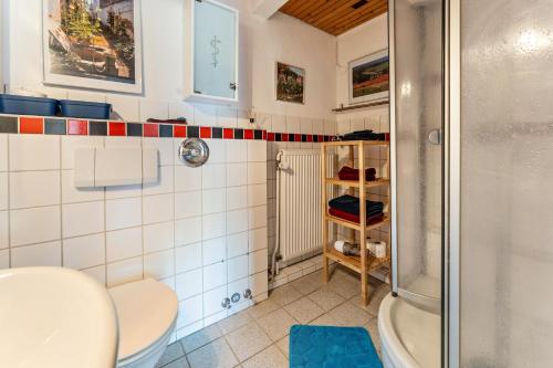 ein kleines Badezimmer mit Toilette und Dusche in der Unterkunft Bücherträume in Windeby