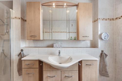 a bathroom with a sink and a mirror at Ferien-Monteurwohnung Kaiser in Uelzen