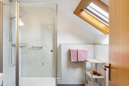 a bathroom with a shower and a glass door at Haus Erika in Stryck