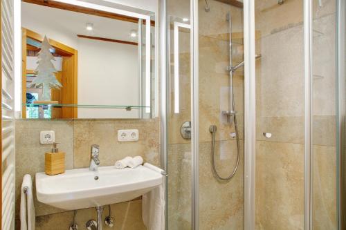 a bathroom with a sink and a shower at Berghütte Waldhäuser in Neuschönau