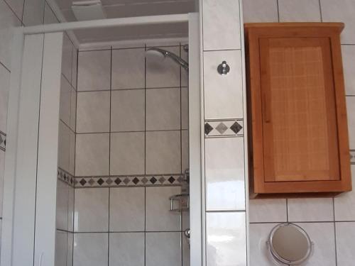 a bathroom with a shower and a cabinet at Ferienwohnung Ruhrort in Brilon