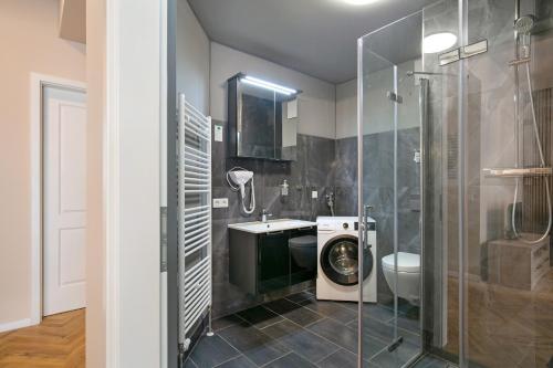 a bathroom with a washing machine next to a toilet at Hotel zur Panke Wohnung 5 in Kolonie Röntgental