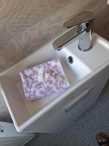 a bathroom sink with a soap holder in it at Ferienwohnung Schatzkammer in Walporzheim