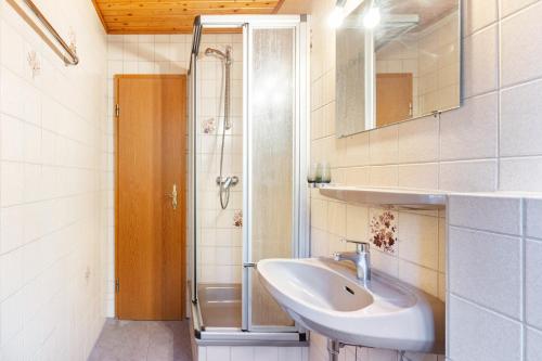 a bathroom with a sink and a shower at Gasthaus Hirschen Holl in Elbenschwand