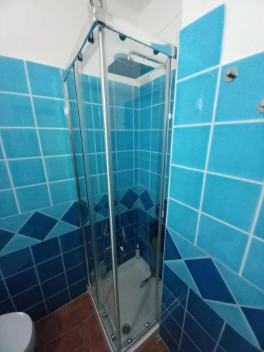 a blue tiled shower in a bathroom with a toilet at Casina Torre in Torre Dei Corsari